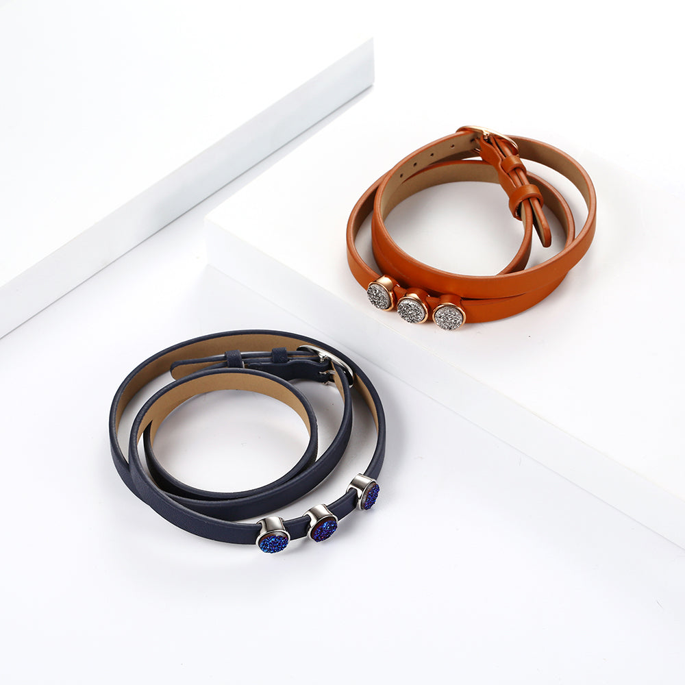 Druzy Crystal Stainless Steel Round Charm Wrap Genuine Leather bracelet