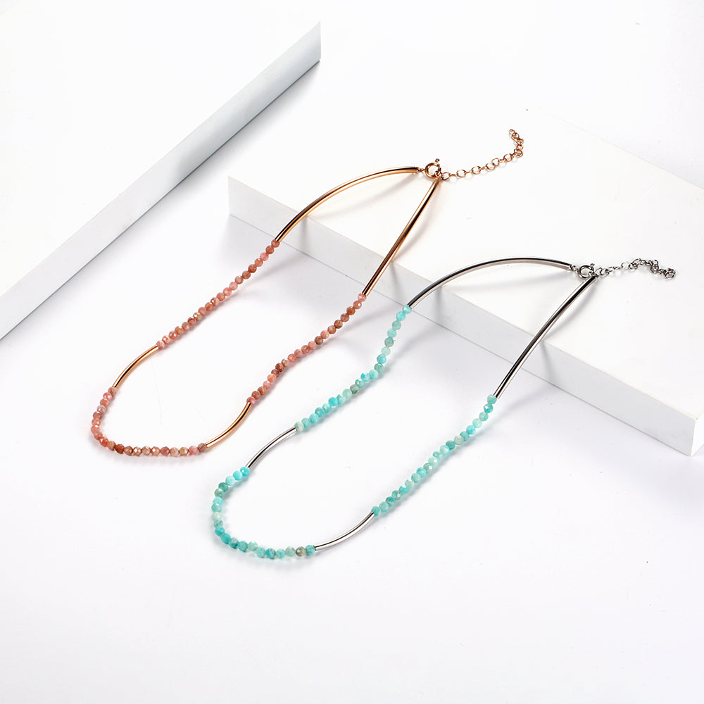 Semi-precious Beads alternated with Stainless Steel Tube Necklace