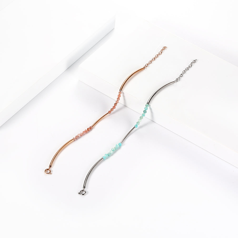 Semi-precious Beads alternated with Stainless Steel Tube Bracelet