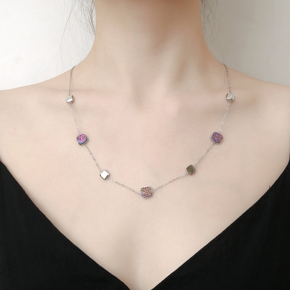 Druzy Crystal alternated with steel cube Necklace