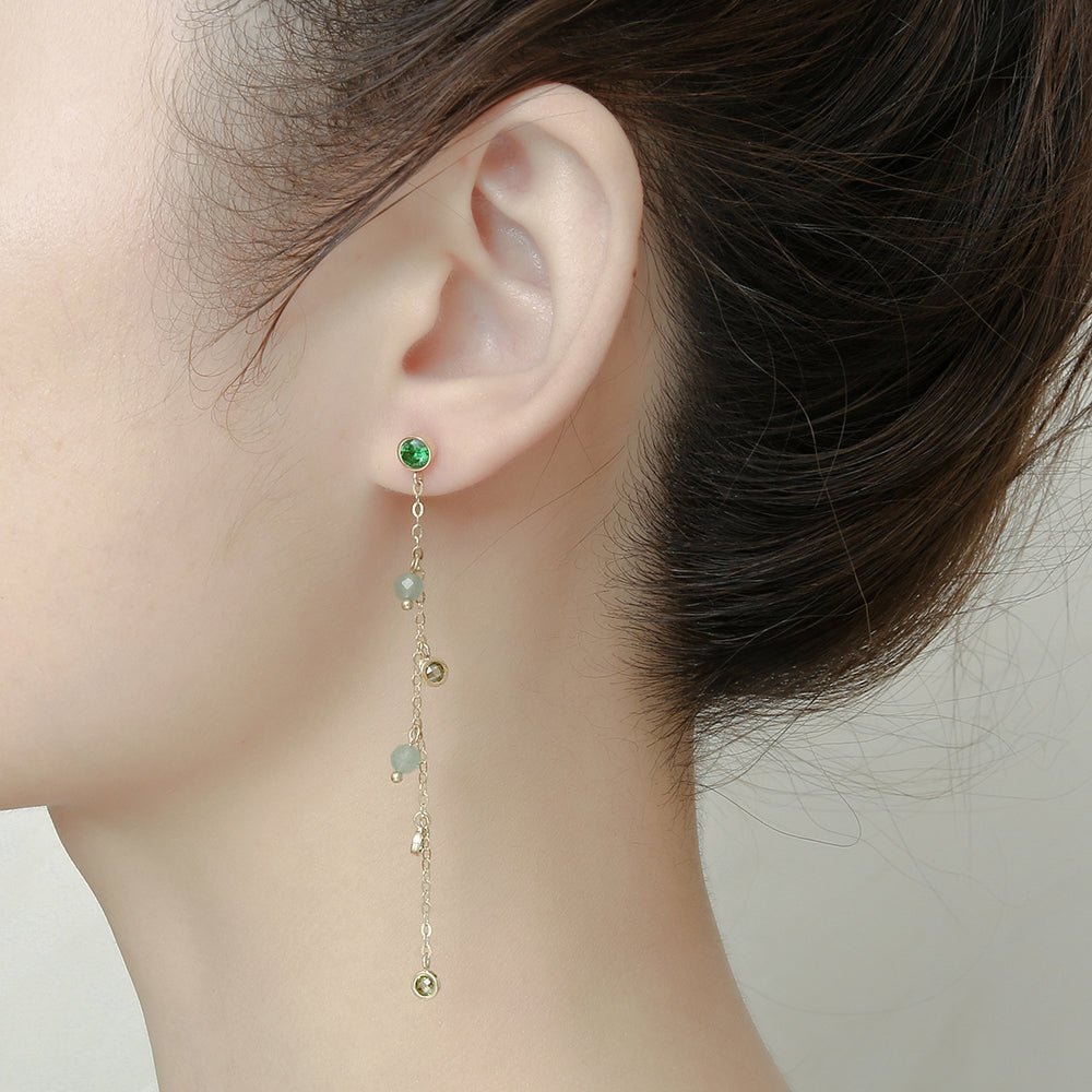 Dangling Semi-precious Beads & bezel Zirconia Stainless Steel Earrings